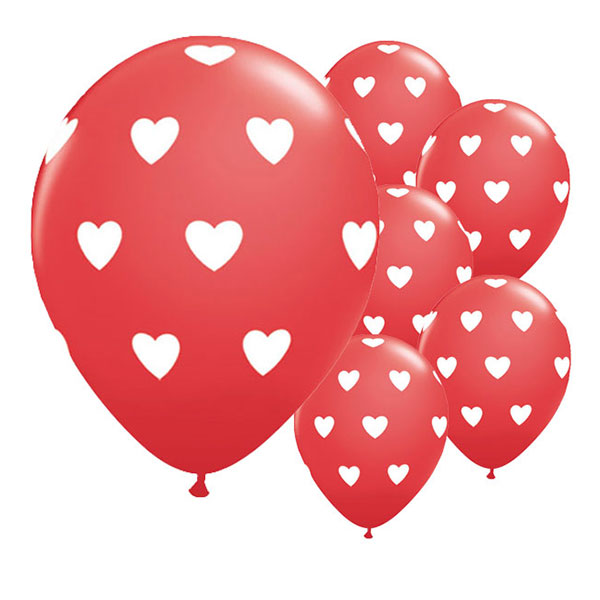 Ballonger Röda med Vita Hjärtan - 6-pack
